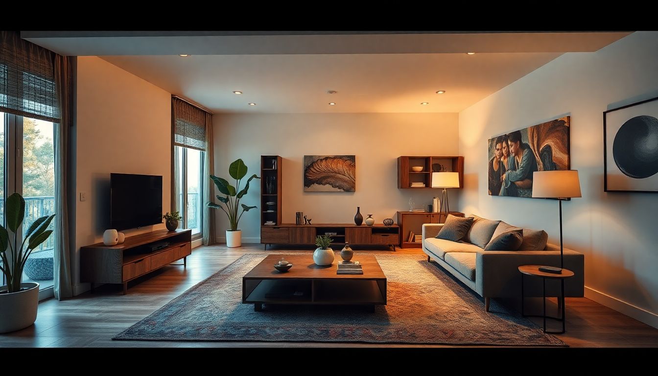 Image d'intérieur avec tv canapé et lumière tamisée