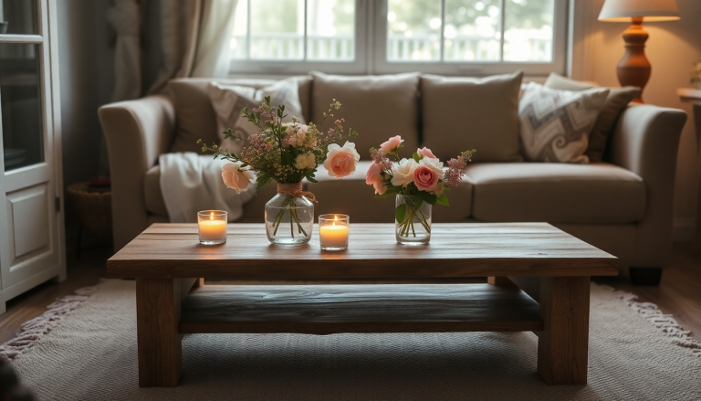 Bougies parfumées sur une table basse en bois dans un salon cosy, créant une atmosphère chaleureuse et relaxante.