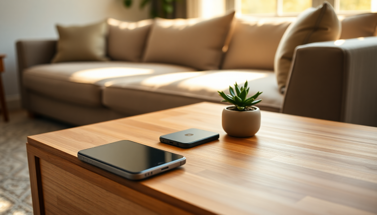Un smartphone moderne et épuré posé sur une table en bois dans un salon design et lumineux, illustrant l'intégration de la technologie dans la décoration.