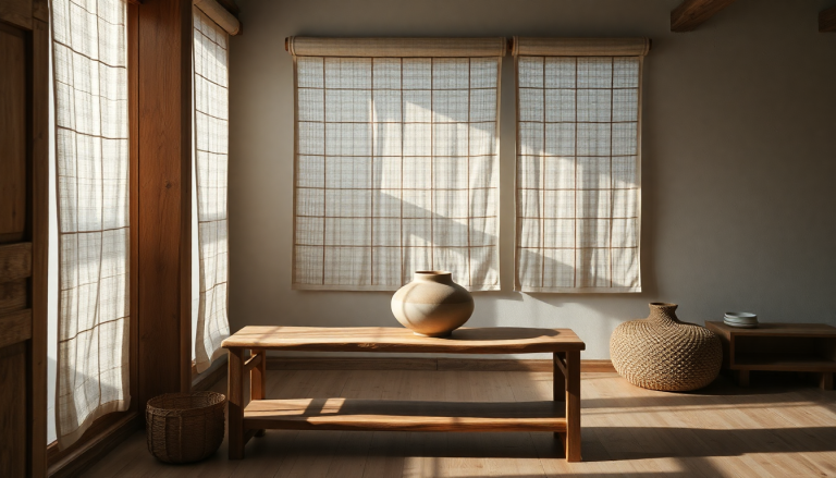 Salon décoré dans un style Wabi-Sabi, mettant en avant des matériaux naturels, des imperfections assumées et une ambiance zen.