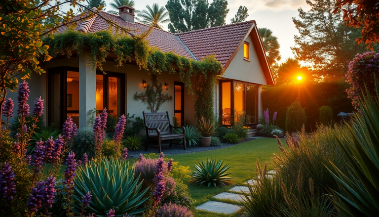 Jardin résistant au feu avec succulentes, lavandes et romarins protégeant une maison moderne.