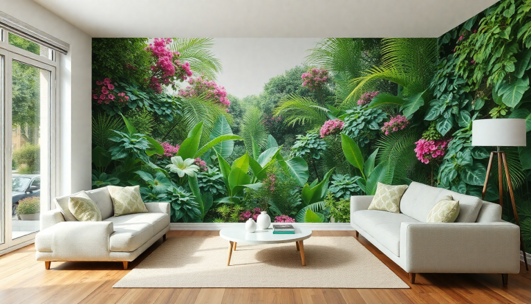Salon transformé avec un trompe-l'œil végétal mural.