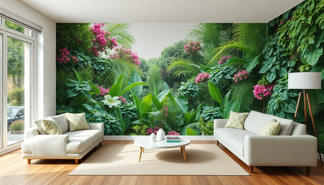 Salon transformé avec un trompe-l'œil végétal mural.