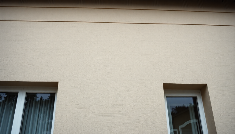 Gros plan sur une façade de maison fraîchement peinte, révélant des taches de moisissure verte apparues suite à une pluie fine, illustrant un problème de rénovation caché.