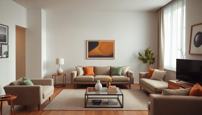 Salon moderne avec un élément de décoration ringard créant un contraste visuel saisissant.