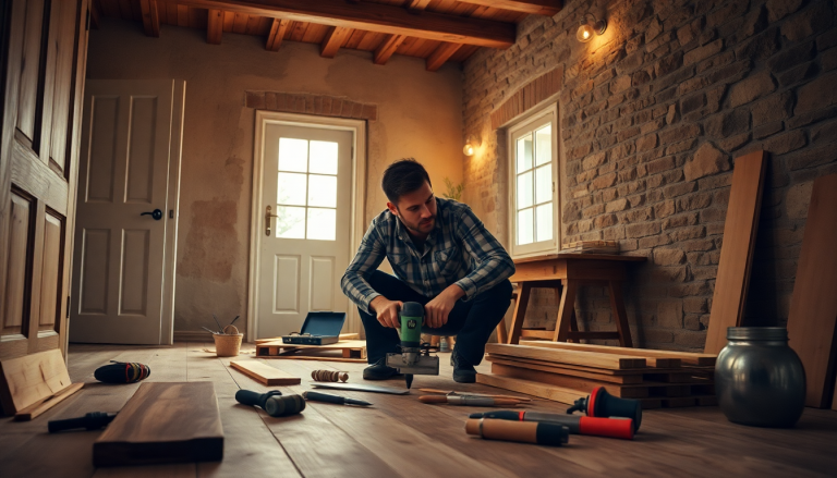 Homme travaillant sur la rénovation d'une maison, outils de bricolage au sol.