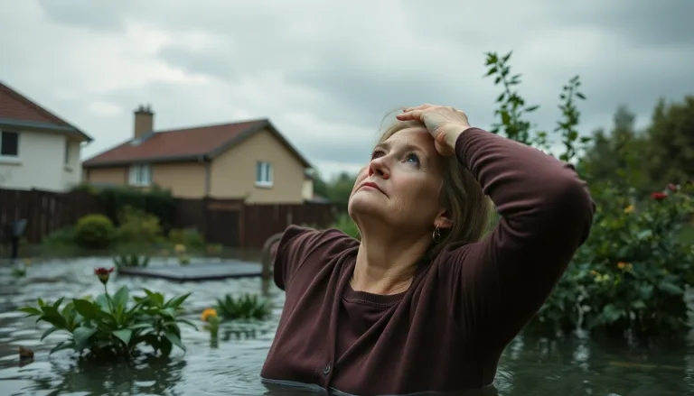 Une personne regardant avec détresse un jardin complètement inondé après de fortes pluies.