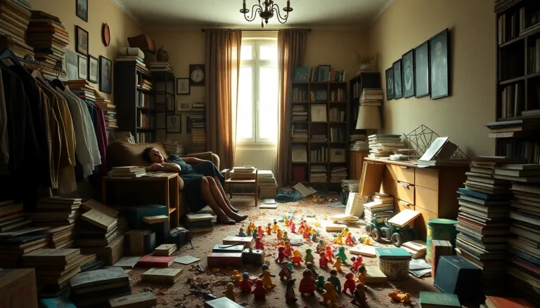 Un salon complètement désordonné et encombré d'objets.