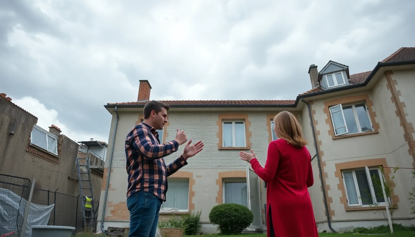 Deux voisins se disputant devant une maison en travaux
