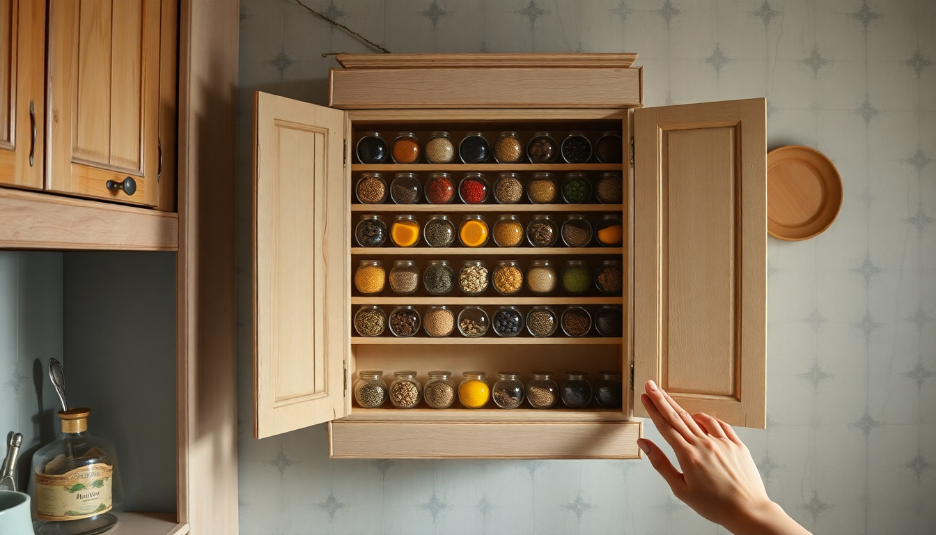 Ancien meuble de cuisine transformé en rangement innovant pour épices