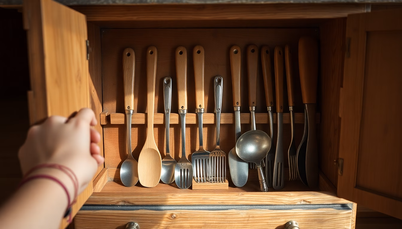 Un tiroir de cuisine ouvert, révélant un système de rangement ingénieux et bien organisé pour les ustensiles.