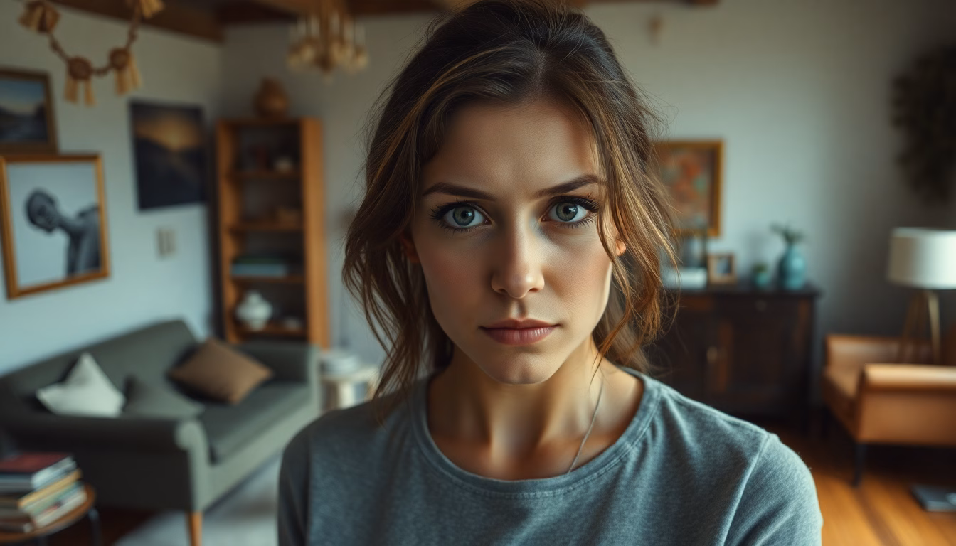 Une personne regardant son intérieur avec insatisfaction, avec des bulles de pensées négatives.