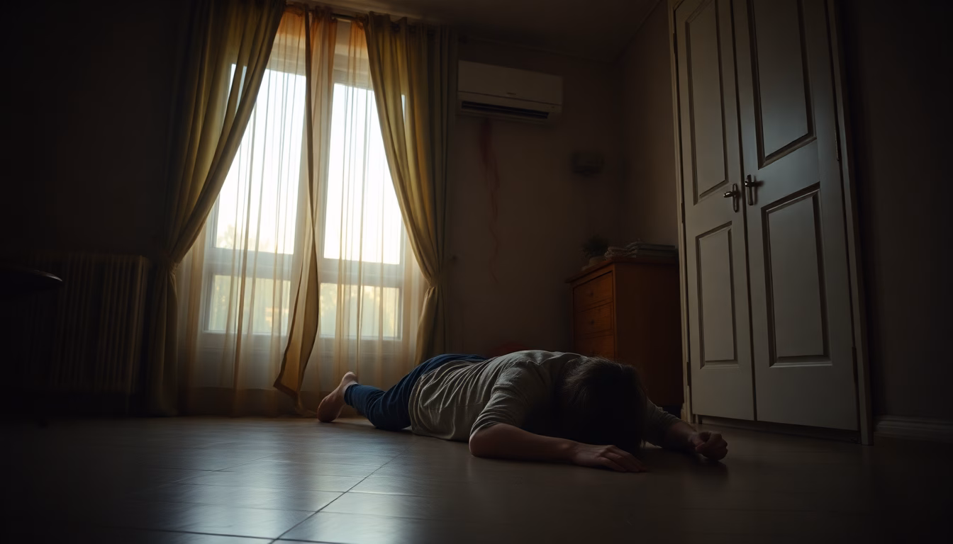 Une fenêtre ouverte sur un ciel bleu et chaud, une personne en sueur dans un salon.