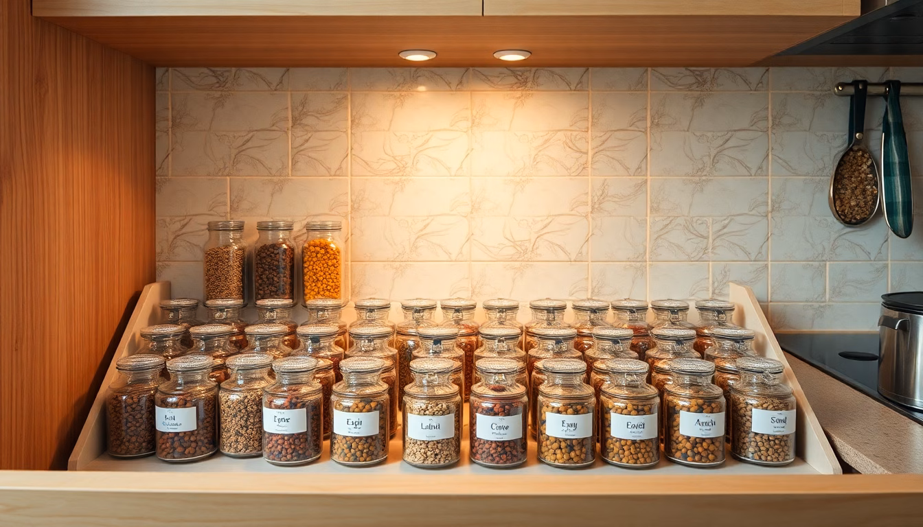 Tiroir de cuisine bien organisé avec des pots d'épices disposés de manière visible