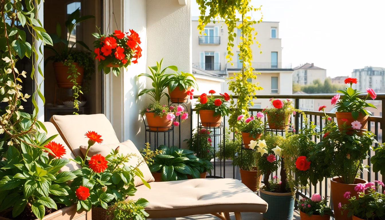 Balcon transformé en un petit jardin luxuriant et relaxant