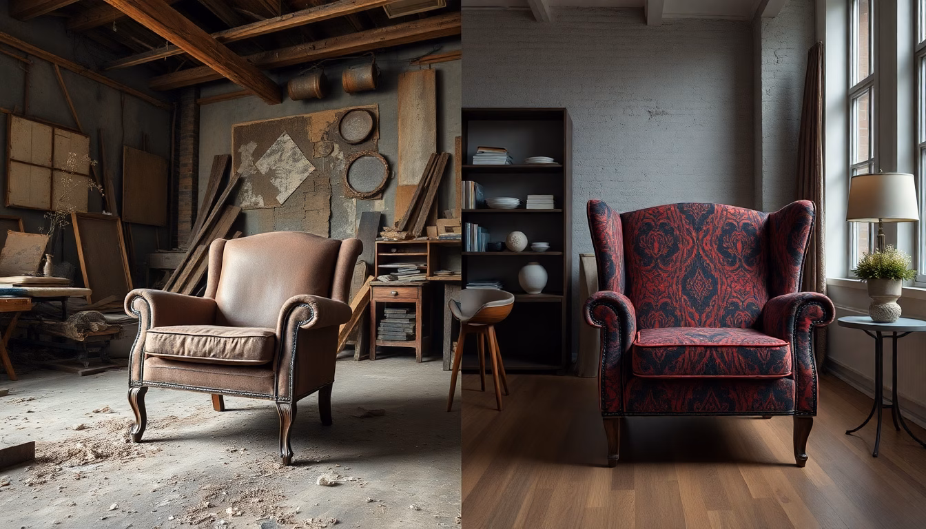 Un vieux fauteuil vintage avant et après sa rénovation spectaculaire