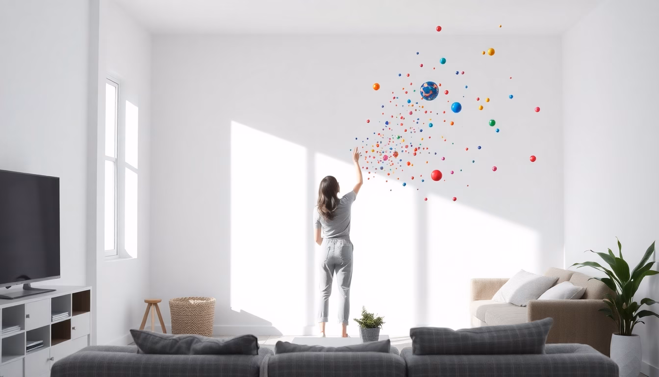 Une personne regardant tristement son intérieur, entourée de livres sur la décoration et de croquis, semblant découragée par ses propres pensées négatives.