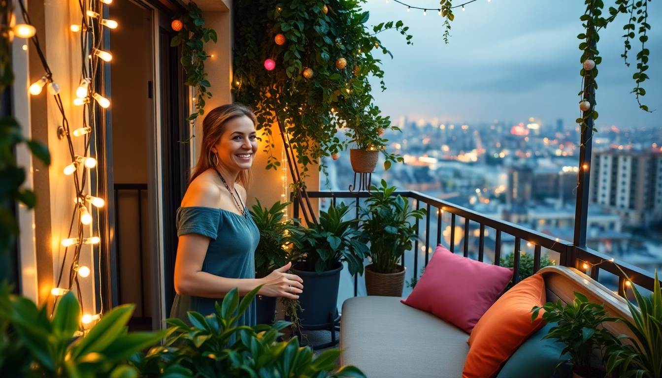 Un balcon métamorphosé en un petit jardin luxuriant avec des plantes et des fleurs colorées.