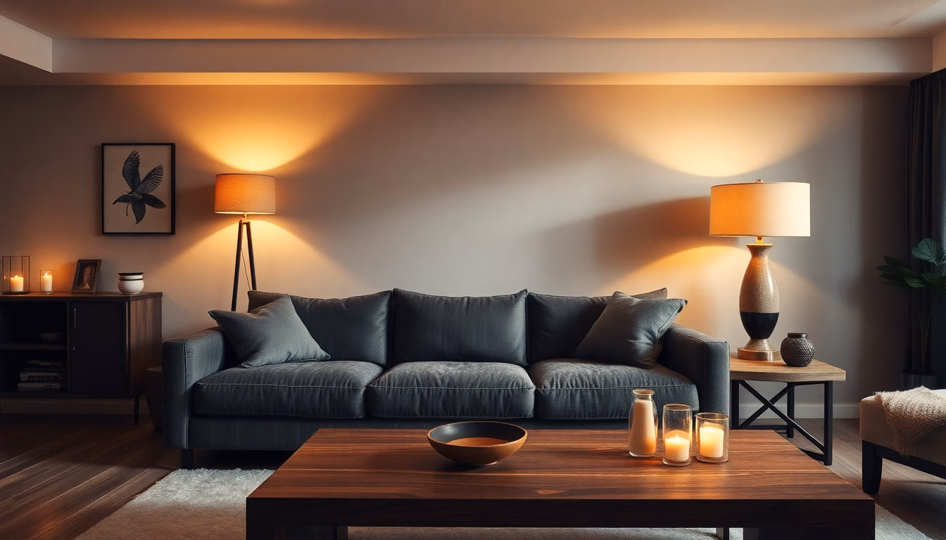 Exemple d'un salon avec un éclairage d'ambiance chaleureux.
