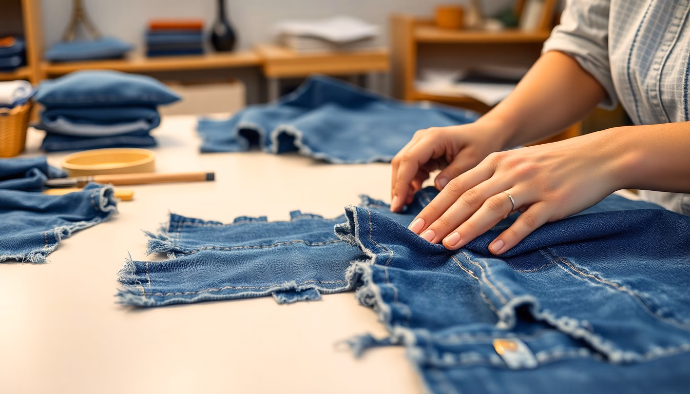 Plusieurs coussins colorés fabriqués à partir de vieux jeans.