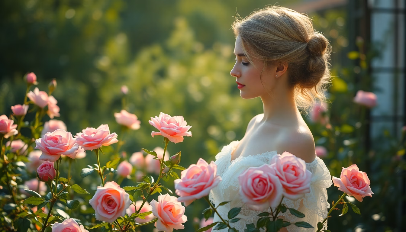 Jardin fleuri au début du printemps avec des roses épanouies.