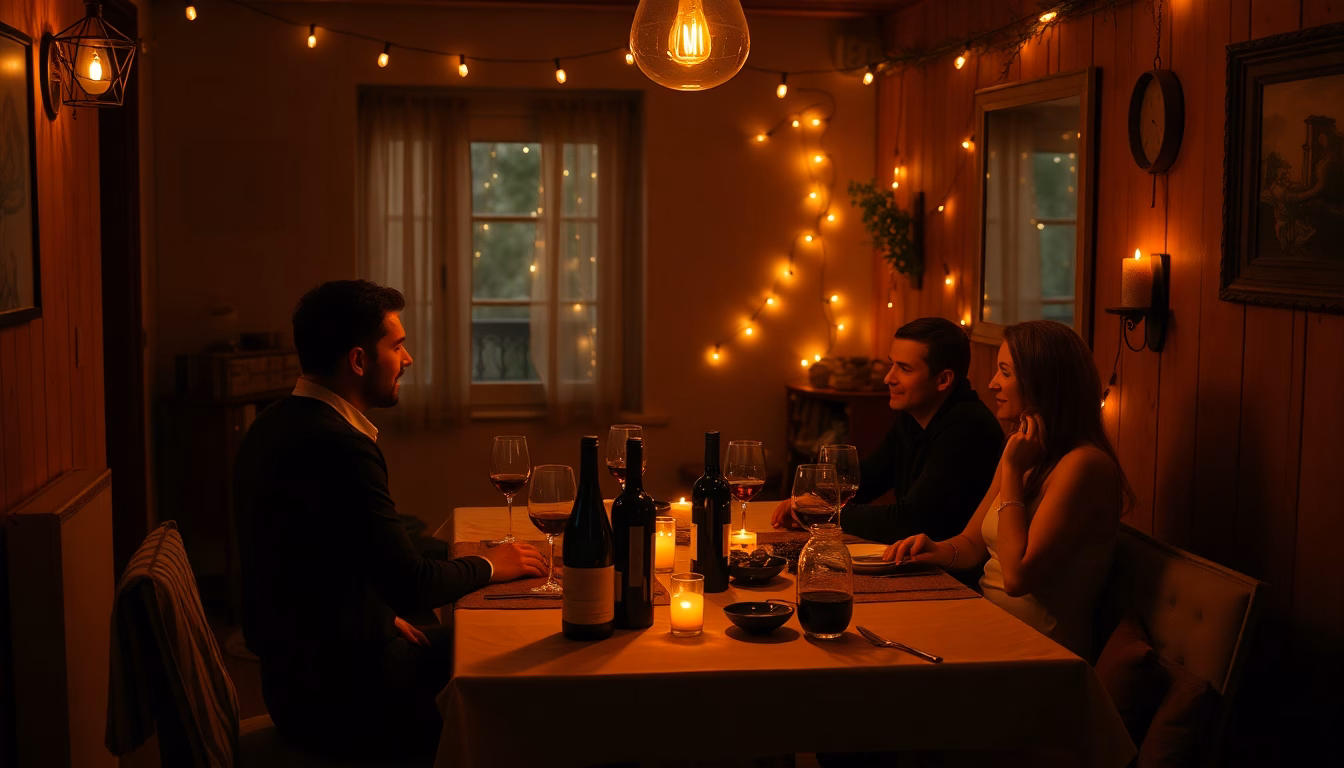 Un groupe d'amis partageant un dîner à la bougie dans une ambiance chaleureuse