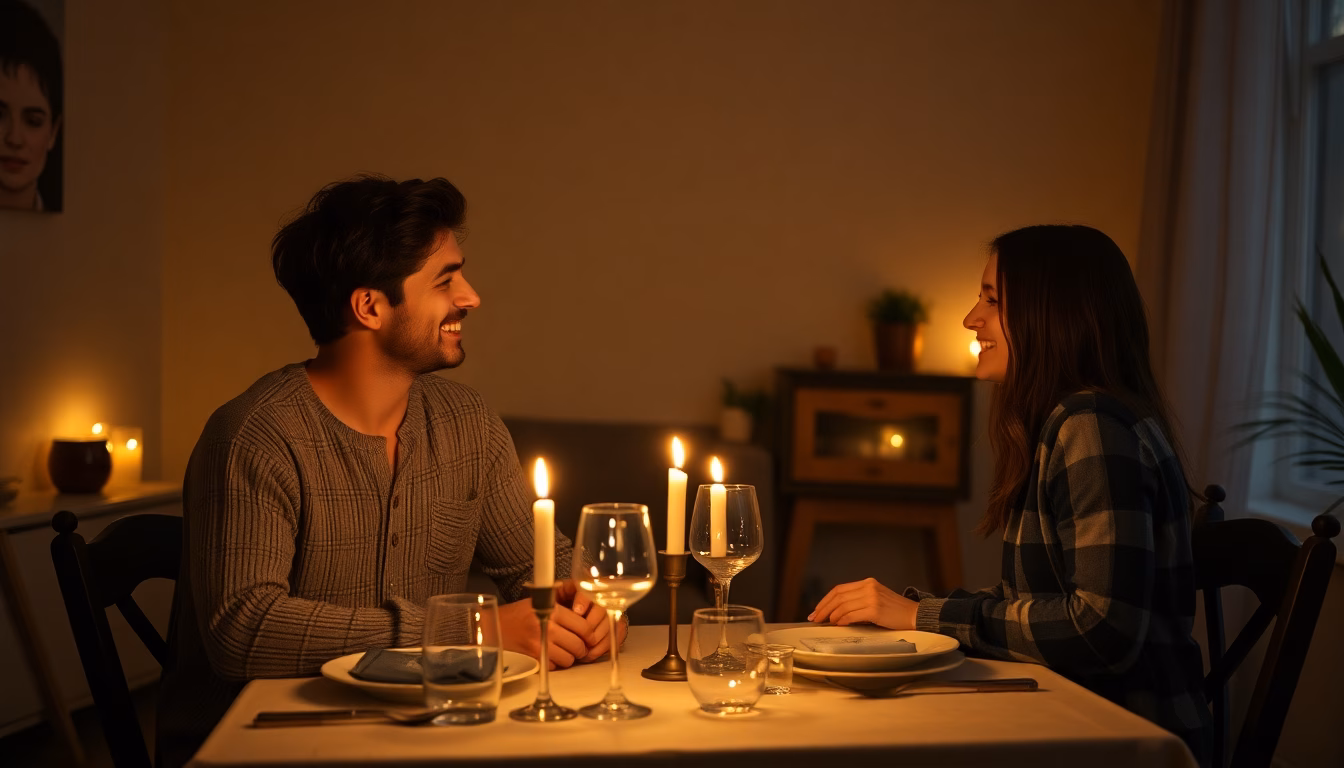 Colocataires souriants partageant un dîner romantique à la bougie.