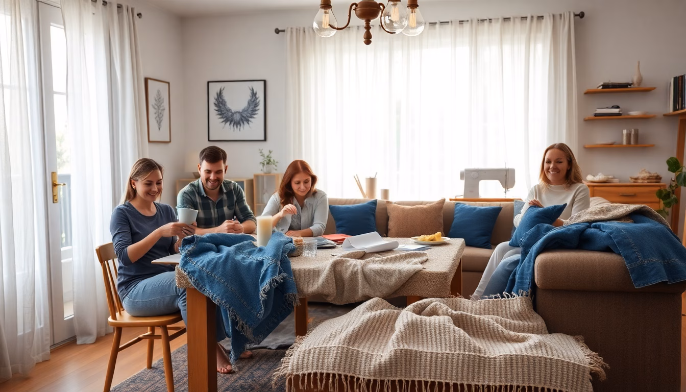 Des coussins originaux fabriqués à partir de jeans, disposés sur un canapé.