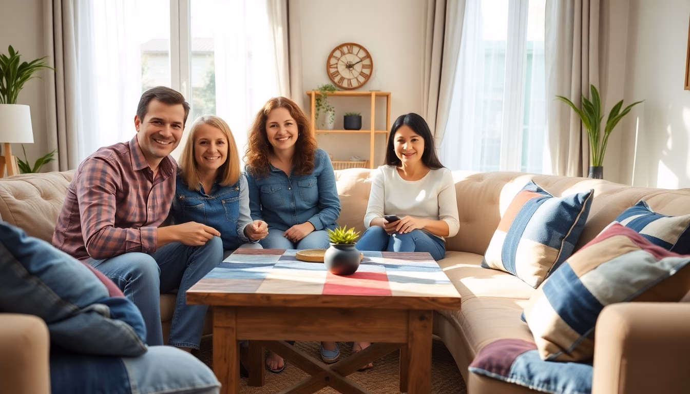 Plusieurs coussins colorés fabriqués à partir de différents tissus de jeans, disposés sur un canapé.