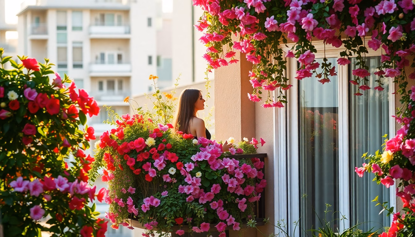 Un balcon rempli de fleurs épanouies au printemps.