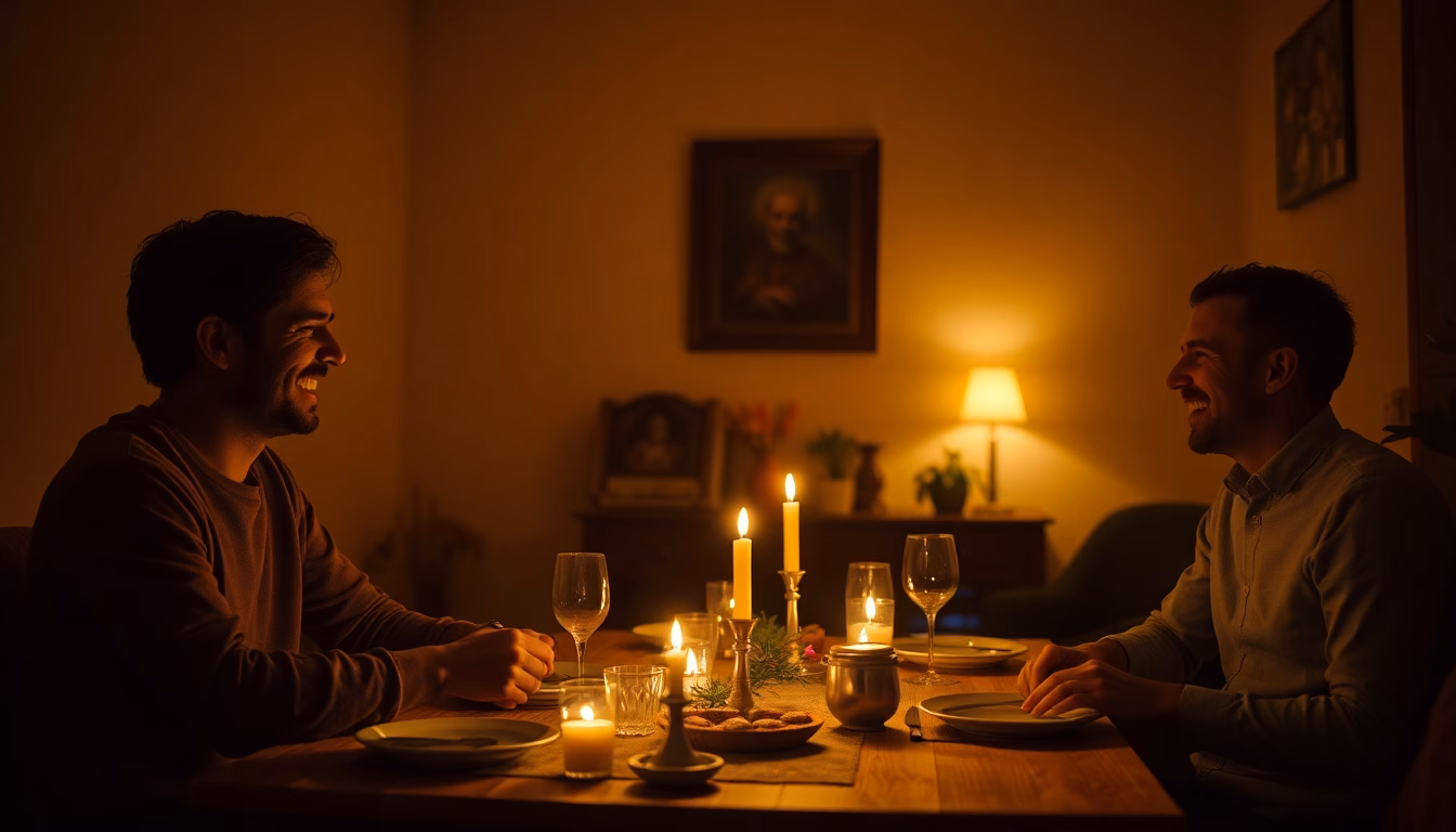Groupe d'amis partageant un dîner à la bougie dans une ambiance cosy