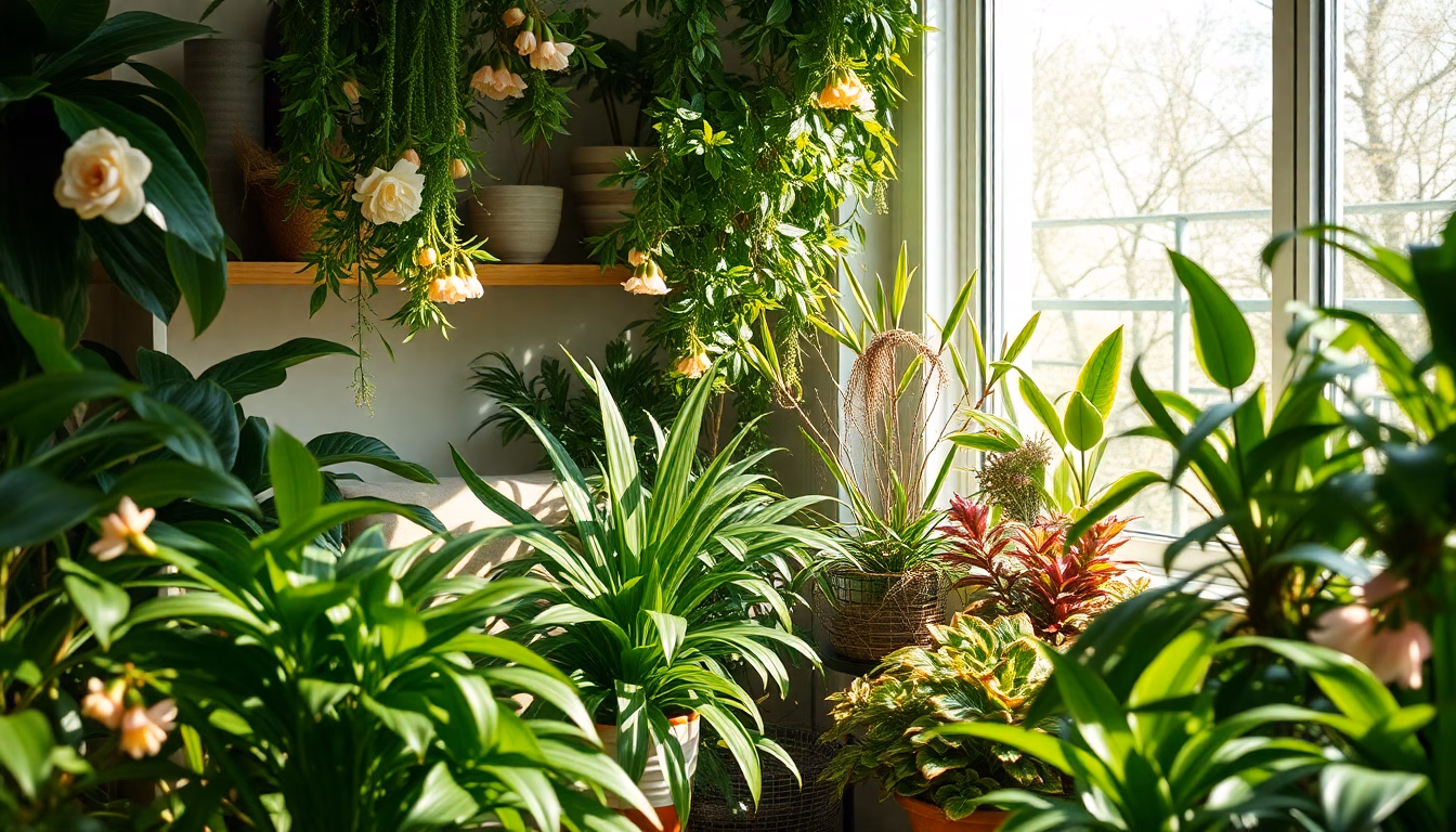 Des plantes d'intérieur luxuriantes et couvertes de fleurs dans une pièce lumineuse