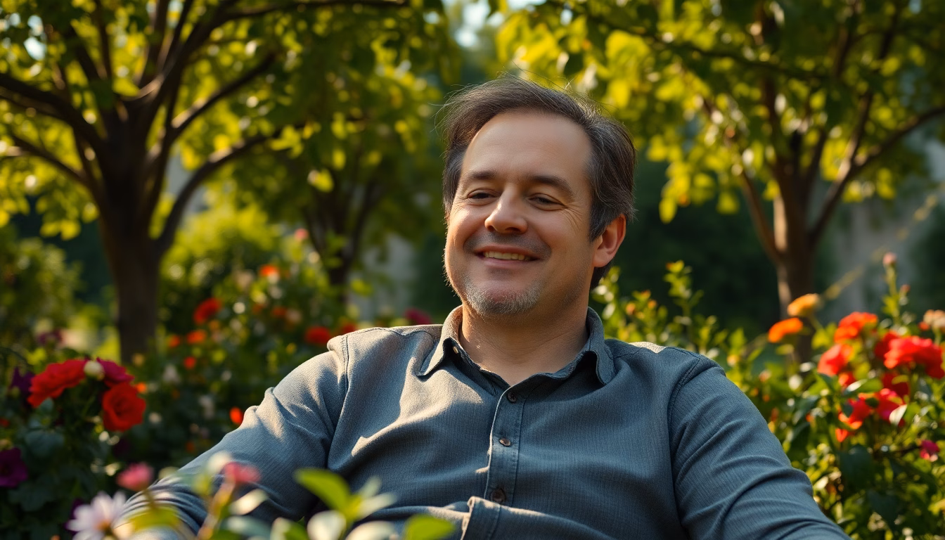 Philippe Caubère souriant dans un jardin paisible