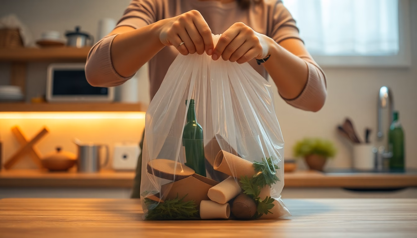 Sac poubelle transparent rempli de déchets triés pour le recyclage
