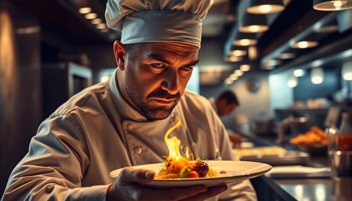 Chef cuisinier préparant un plat gastronomique