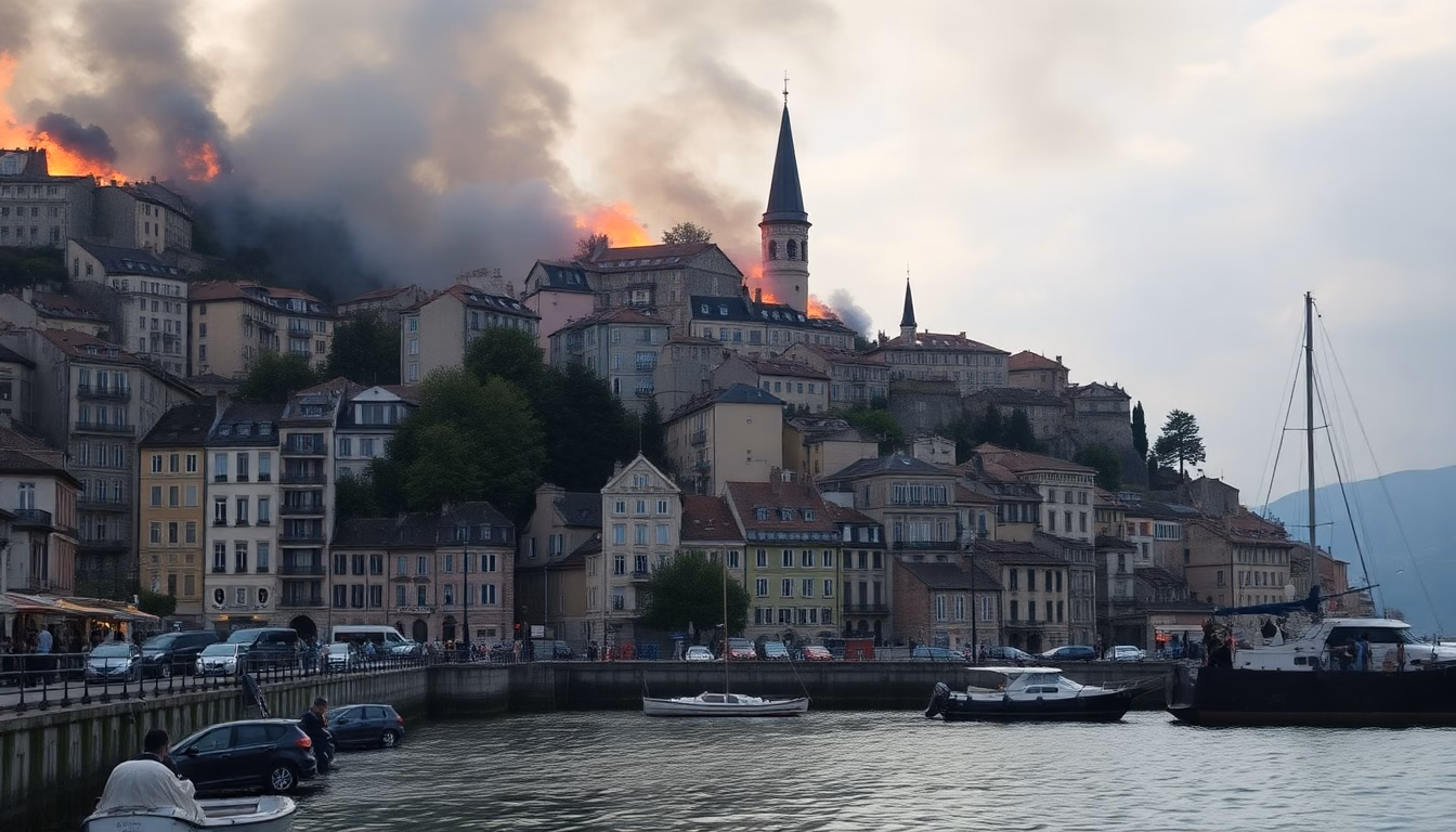 Vue aérienne d'une ville en feu