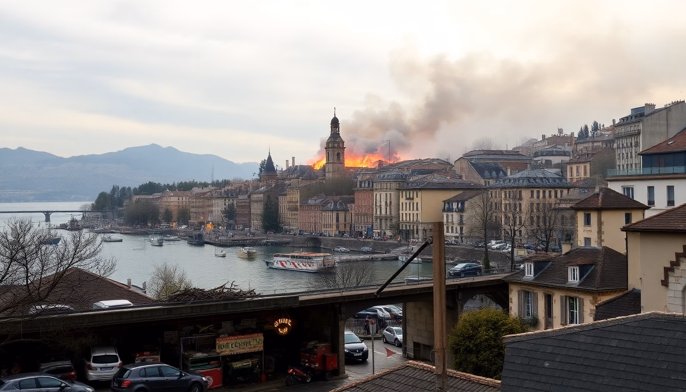 Vue aérienne d'une ville en flammes avec des pompiers