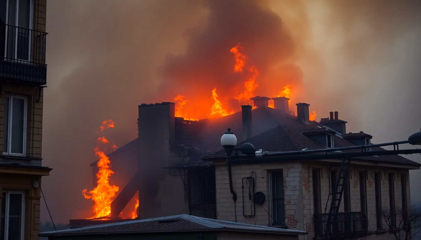 Bâtiment en feu à Lyon Part-Dieu