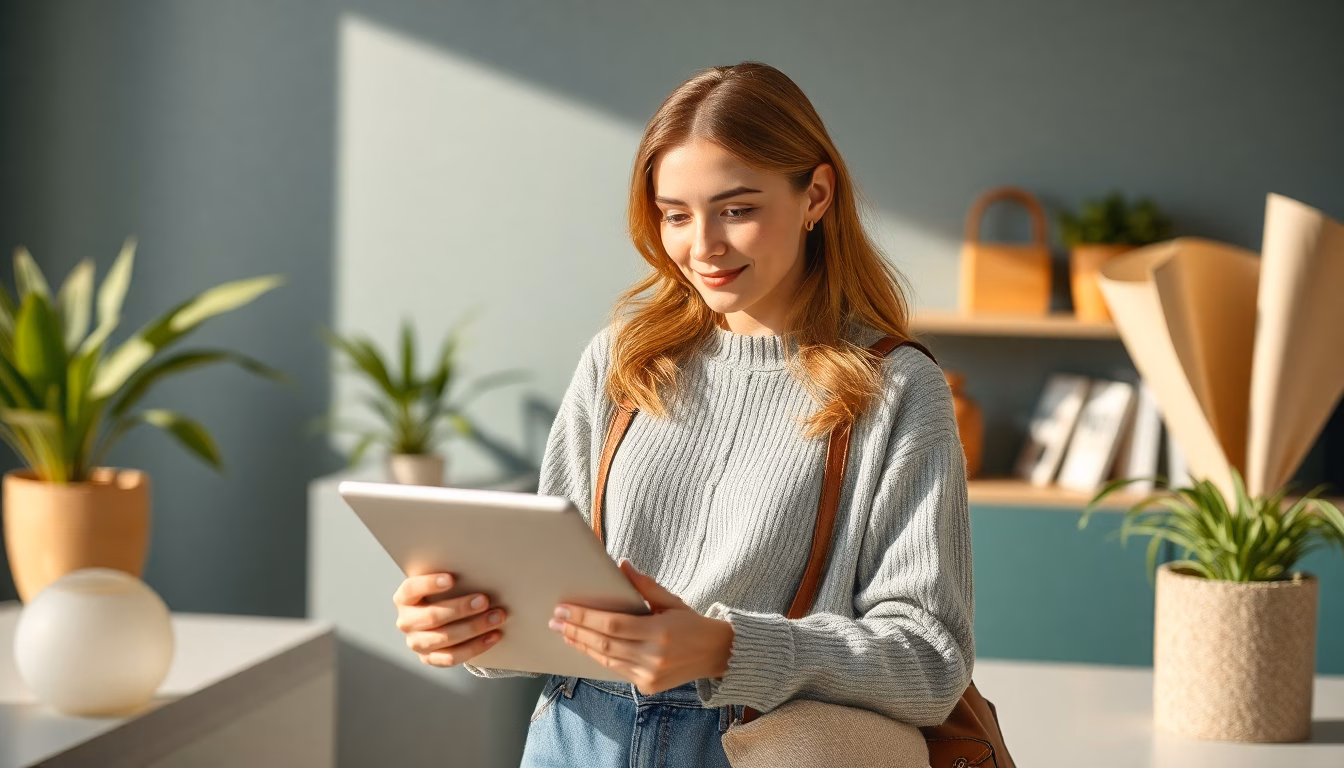 femme souriante consultant téléphone avec articles Shein