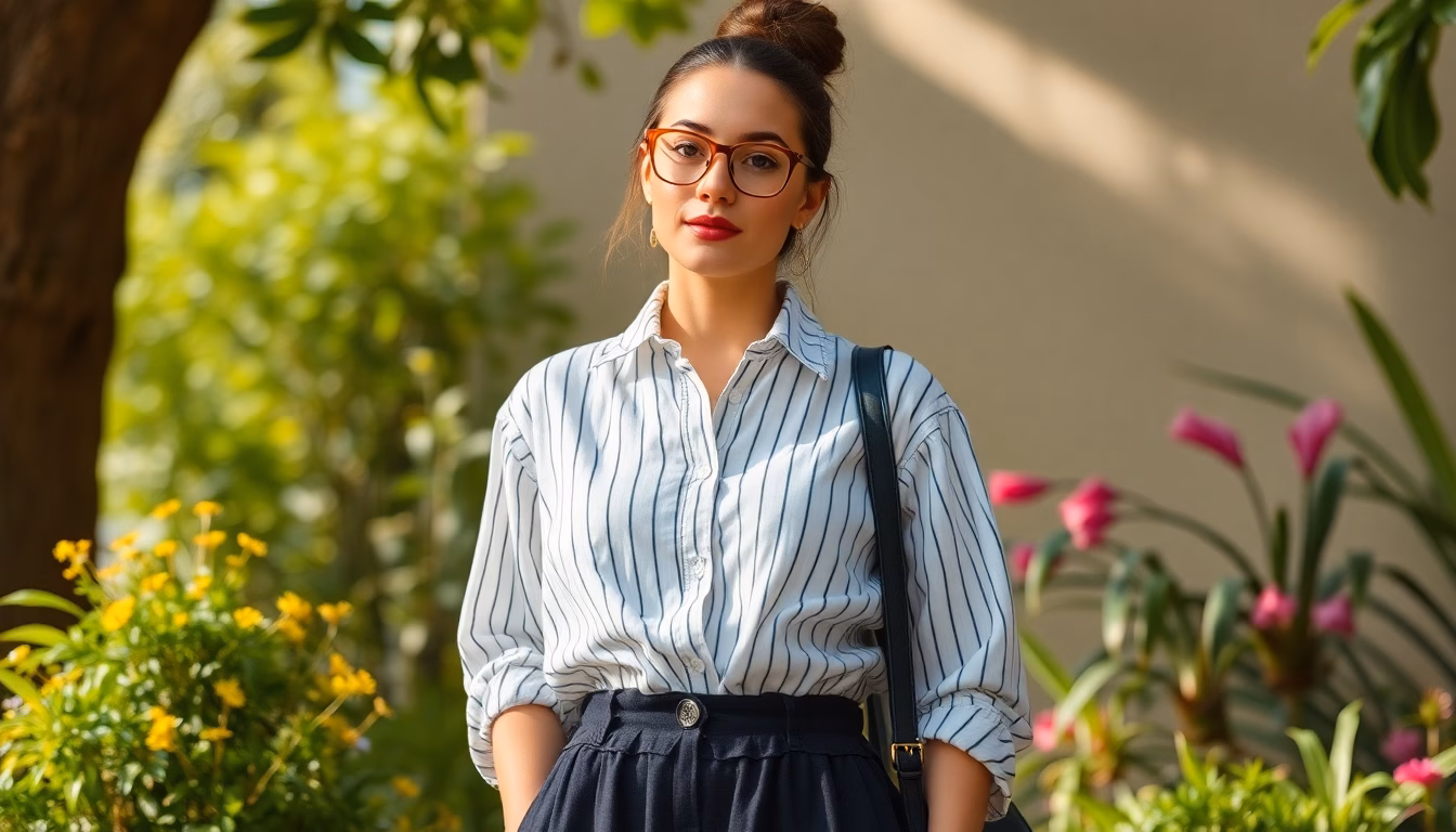 femme souriante avec des vêtements Shein et un smartphone