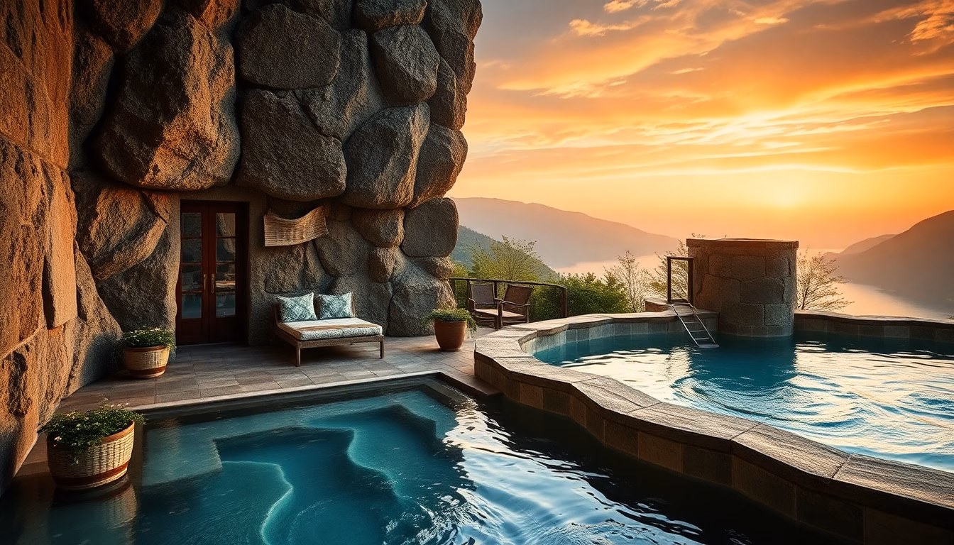 Source d'eau thermale fumante avec vue sur les montagnes